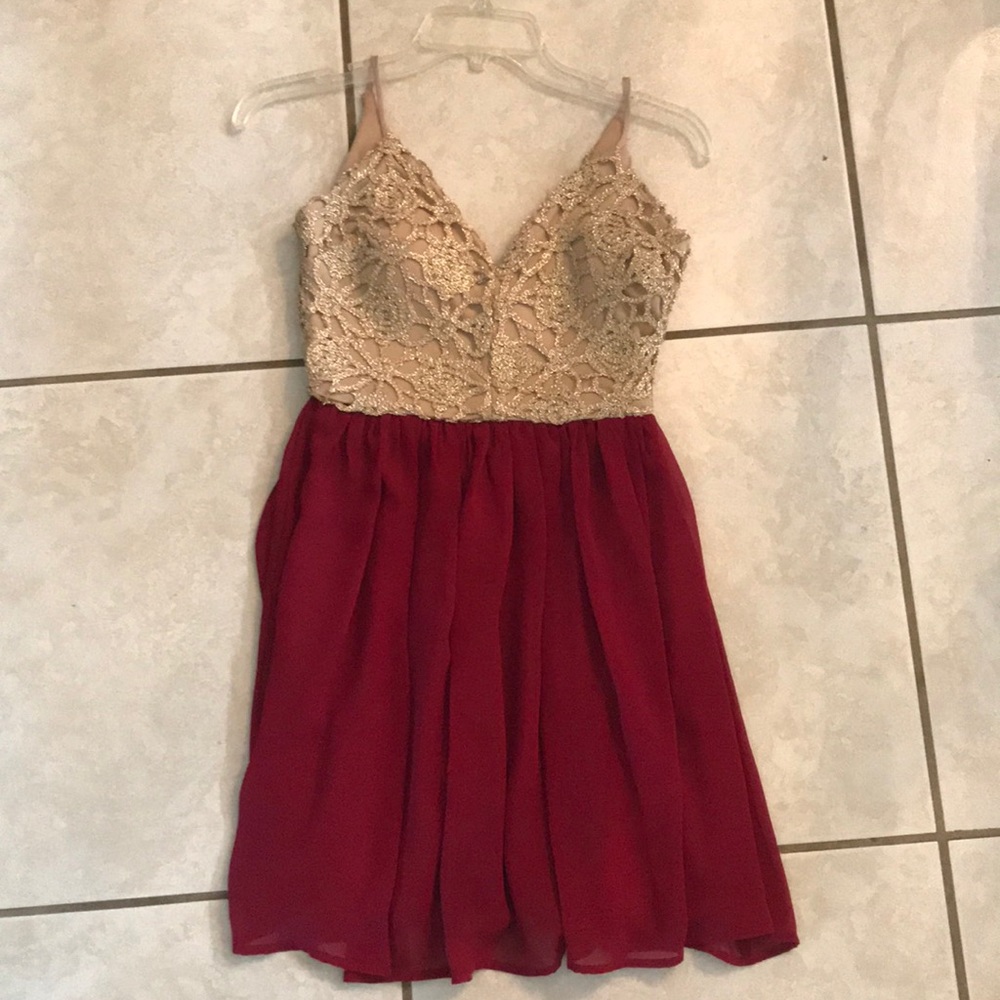 Red and gold v neck dress